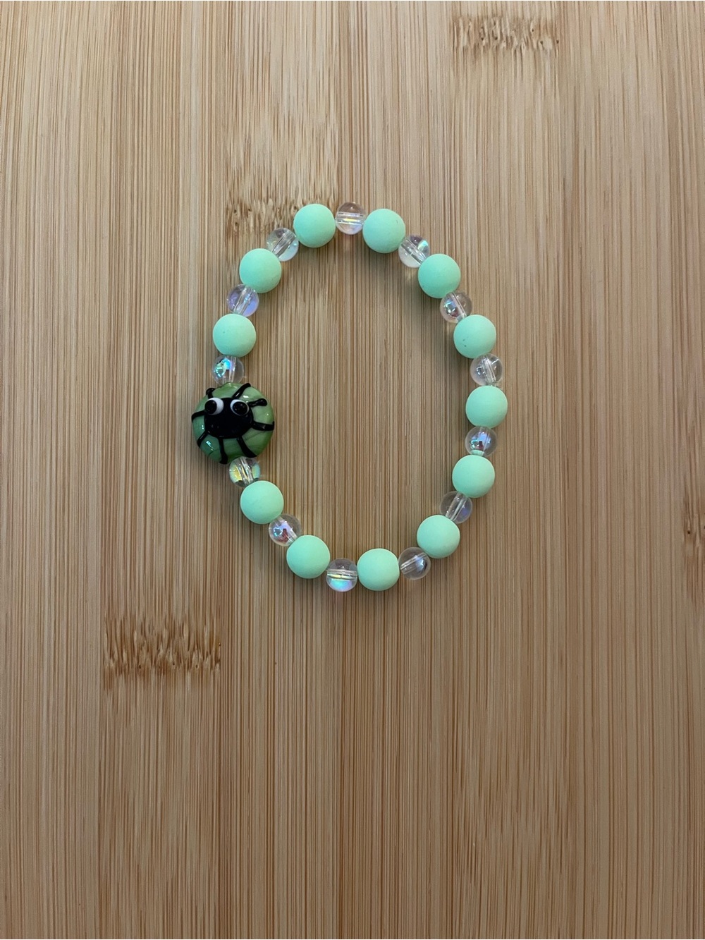 Mint Green Beaded Stretch Bracelet with Spider Charm Halloween